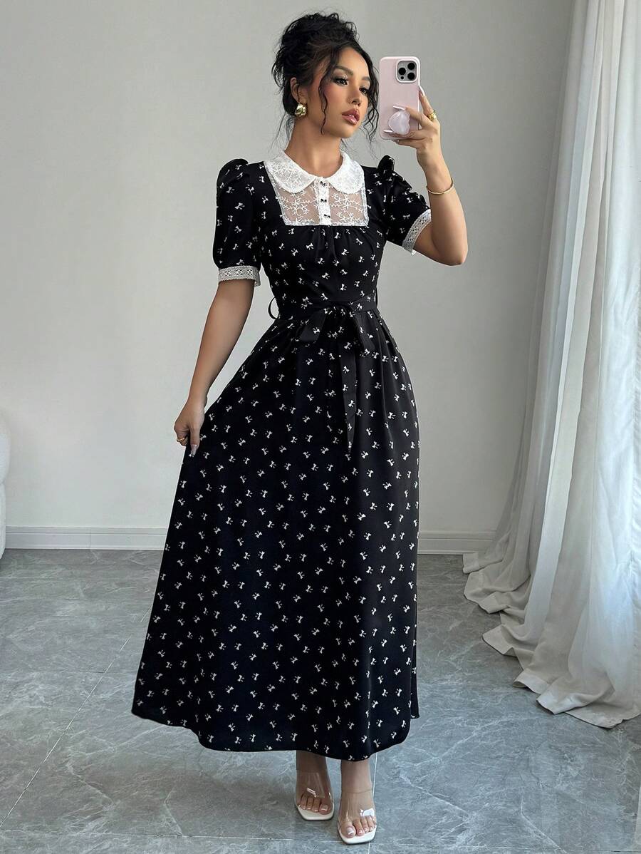 Modelyn 女士编织黑色蝴蝶印花撞色蕾丝短袖荷叶边 A 字腰优雅花卉复古中长连衣裙