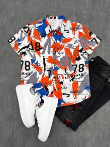 Tween Boy Cool Pattern Polo Collar Short Sleeve Shirt, Fashionable And Versatile For Casual, Sports, Outing, School, Party - Orange - View 1