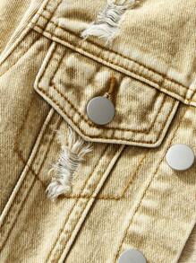 Unisex Young Kids Causal Urban Street Neutral Khaki Stone Wash Ripped Relax Fit Button Front Fastening Denim Jacket,Spring Summer Must Have Daily Fashion Item