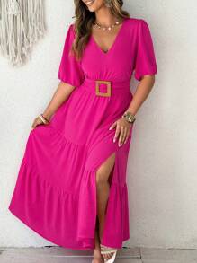 SHEIN LUNE Plus Size Hot Pink Maxi Dress For Women: Summer Vacation Tiered Dress With V-Neck And Belt - Hot Pink - View 5