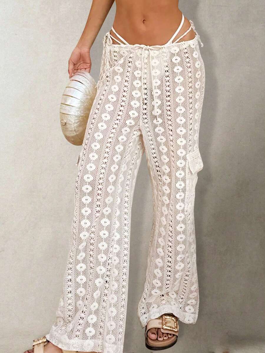 女士钩针蕾丝边象牙白裤子 - 杏色 - 查看 1
