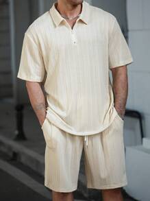 Manfinity Homme Plus Size Men Solid Color Short Sleeve Polo Shirt And Shorts Set - Apricot - View 5