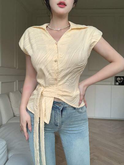 DAZY 女士休闲纯色纹理不对称系带衬衫