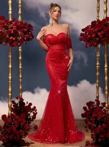 Glamrae 优雅红色奢华 3D 仿亮片露肩蝴蝶结装饰腰部网眼透视鱼尾礼服，带拖尾的婚礼宾客礼服，派对礼服，晚礼服