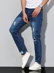 Manfinity Homme 大码男式破口袋休闲破洞牛仔裤 - 中等水洗藍 - 查看 6