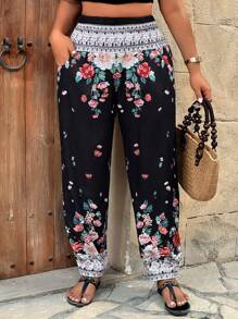 Breezaya 大码女式夏季度假彩色花卉印花宽松抽绳腰部慢跑裤，带侧袋
