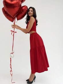 SHEIN Privé 节日新款浪漫优雅情人节简约百搭红色针织无袖上衣和高腰荷叶边下摆短裙套装，情人节现代时尚复古别致装 - 紅色 - 查看 6