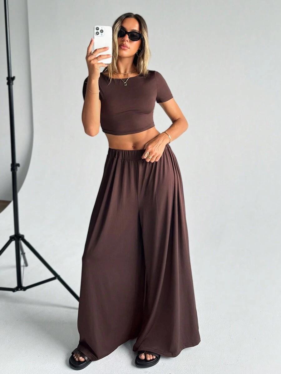 SHEIN Essnce Summer Simple Short Sleeve Tee & Wide Leg Pants Two Pieces Outfit - Coffee Brown - View 1