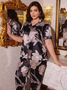 SHEIN MuseNap CURVE Plus Size Floral Print Button Front Short Sleeve Top & Pants Pajama Set - Multicolor - View 6
