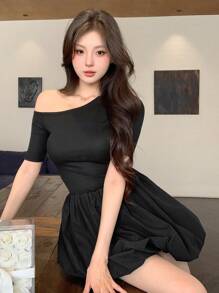 DAZY Asymmetrical Shoulder Solid Color Ruched A-Line Mini Dress For Women,Casual Women Dresses