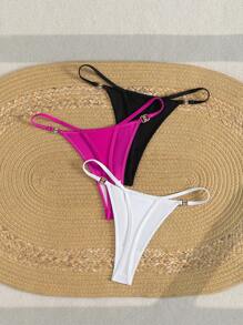 SHEIN Swim Set de 3 partes inferiores de bikini de unicolor con hebilla de metal para mujer, para vacaciones de verano en la playa