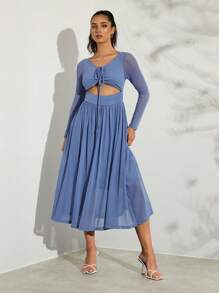Glamine Vrouwen effen lange mouw mesh borst trekkoord midi-jurk - Elegante lente- en zomervakantiejurk, Valentijnsdag