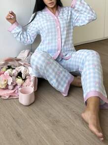 Sweet Bowknot & Plaid Pattern Women Pajama Set - Multicolor - View 5