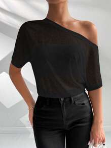 Chiquease Women's Solid Color Asymmetrical Short Sleeve Casual Bodysuit,Suitable For Vacation - Black - View 7