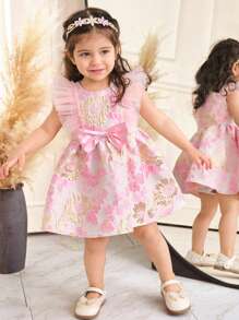SHEIN Leap Crew Baby Girl Elegant Chiffon Dress With Jacquard Weave, Flutter Sleeves, Bow Decor, Ruched Swing Hem, Formal Dress, Pink - Pink - View 7
