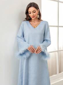 Al Najma Women's Solid Color V-Neck Furry Sleeve Arabian Dress,Modest - Blue - View 6