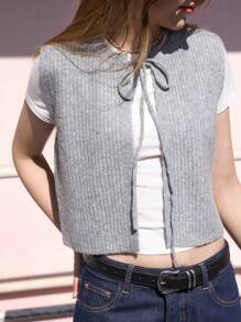 Jouncy Women Casual Solid Color Lace-Up Knitted Sweater Vest For Autumn/Winter - Grey - View 5