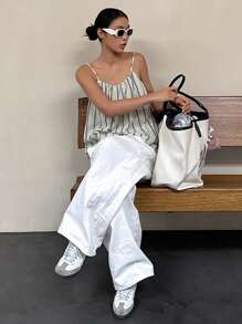 DAZY 女士宽松条纹吊带背心，休闲百搭夏季上衣 - 黑色 - 查看 5