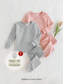 Cozy Pixies 2pcs Baby Girl Solid Color Knit Soft Crew Neck Long Sleeve Top And Pants Pajama Set - Light Grey - View 1