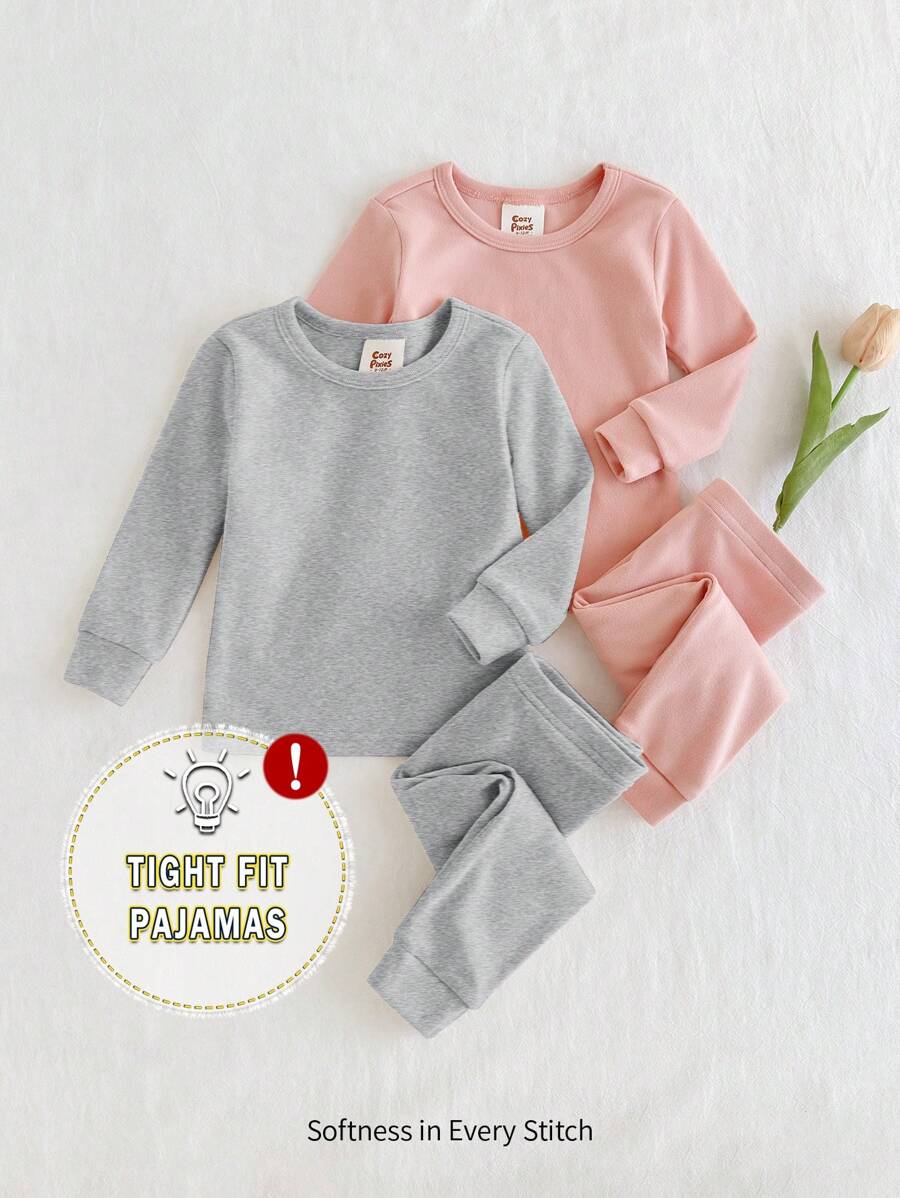 Cozy Pixies 2pcs Baby Girl Solid Color Knit Soft Crew Neck Long Sleeve Top And Pants Pajama Set - Light Grey - View 1