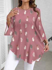 EMERY ROSE 休闲简约全印花粉色羽毛图案大码衬衫，春秋