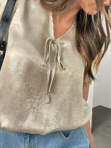 SHEIN Unity 女士夏季纯色系带泡泡袖衬衫 - 金色 - 查看 6