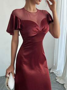 DAZY Ankle-Length Fitted Red Dress With Mesh Ruffle Trim, Suitable For Parties, Dates, And Nights Out Prom Dress Sundress Wedding Women Dresses Christmas - Burgundy - View 7