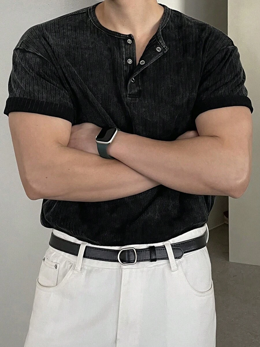 DAZY Men's Ribbed V-Neck Pullover, Distressed Design, Summer Business Attire - Dark Grey - View 1