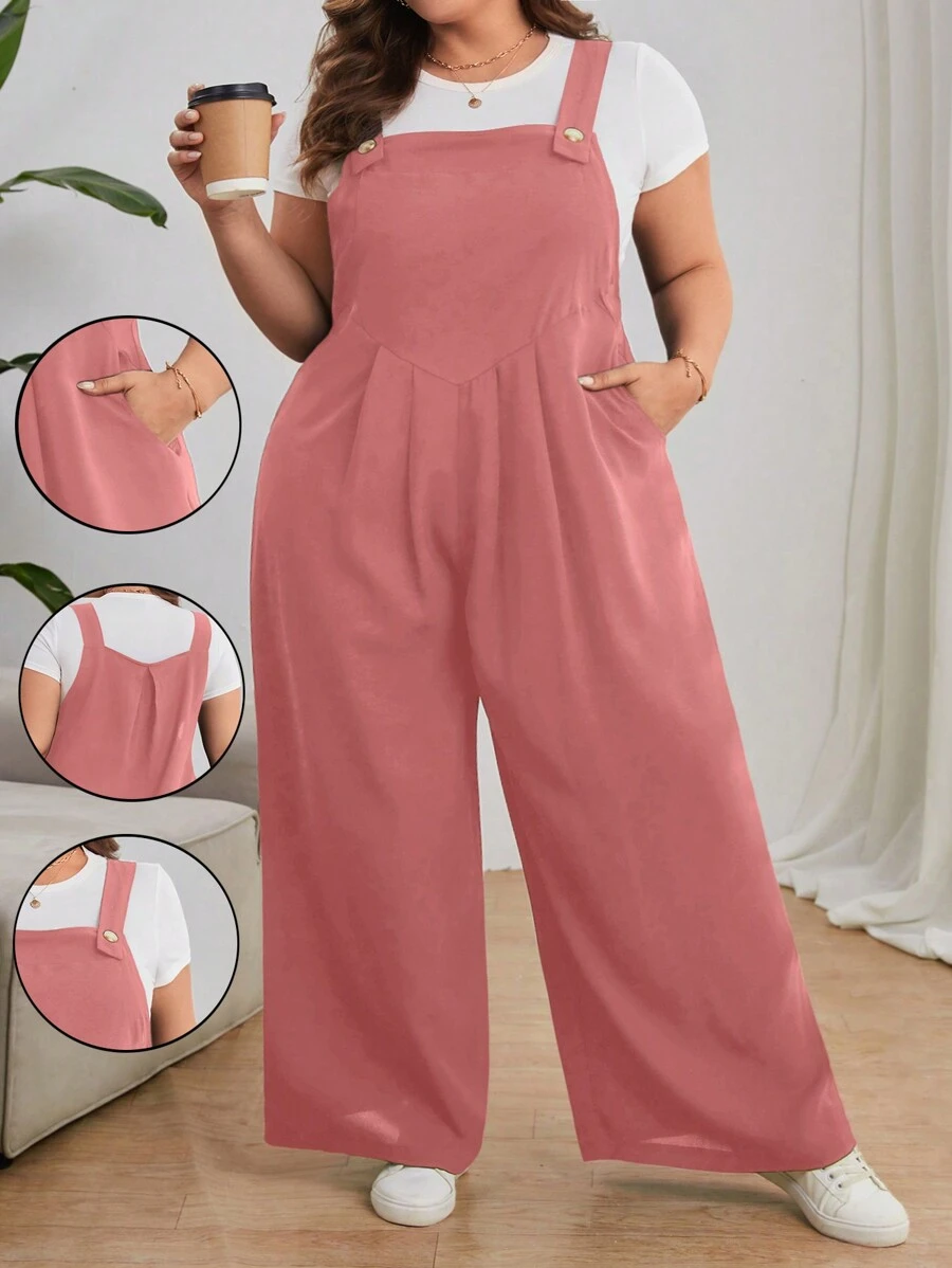 SHEIN CURVE+ بدلة نسائية مريحة مقاسات كبيرة من اللون الأحادي ذات أربطة قابلة للتعديل - وردي مغبر - مشاهدة 1