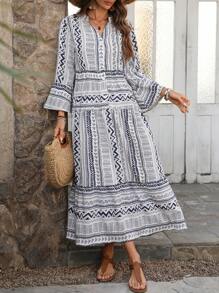 EMERY ROSE Women's Geometric Print Flare Sleeve Dress For Holiday