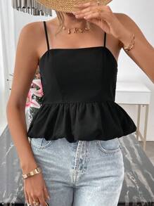 SHEIN LUNE Damski swobodny jednolity kolor, bluzka z falbanką i prosty, uroczy top bez rękawów