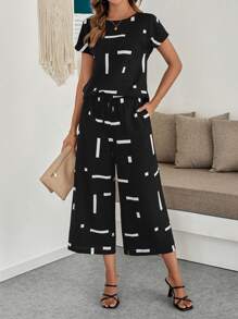 EMERY ROSE 2pcs Women's Round Neck Short Sleeve Printed Minimalist Top And Long Pants Set - Black - View 5