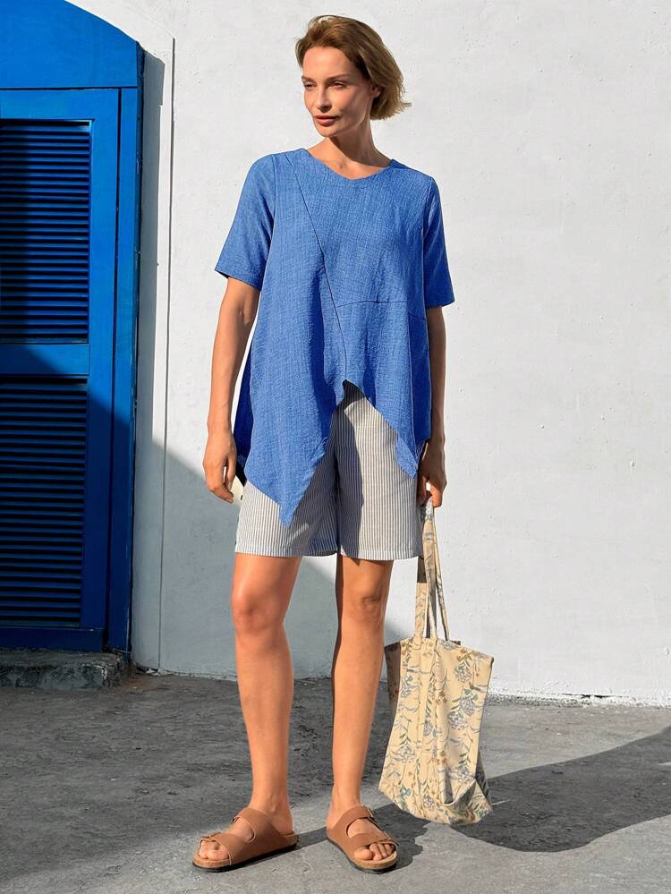 Women V-Neck Short Sleeve Blouse, Casual Everyday Wear