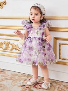 SHEIN 女婴花卉印花欧根纱荷叶边夏季连衣裙/派对连衣裙 - 紫色 - 查看 5