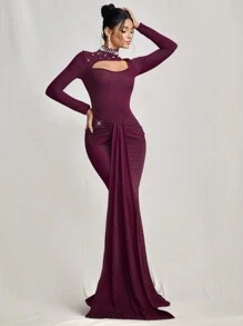 SHEIN Belle Women Knitted Hollow Beaded Waist Ruched Evening Dress, Formal Occasion, Wedding Guest Dress For Music Festival Spring/Summer, Party Dress - Purple - View 1