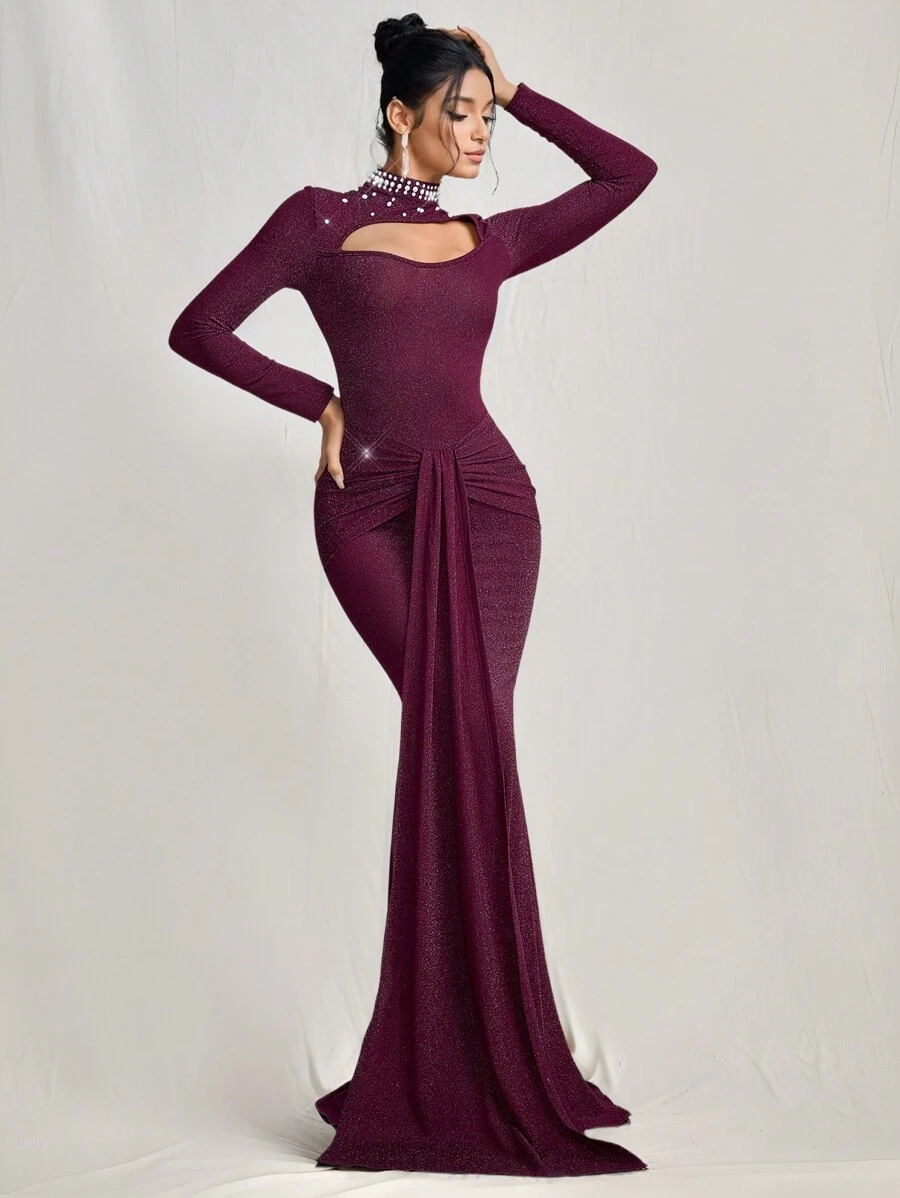 SHEIN Belle Women Knitted Hollow Beaded Waist Ruched Evening Dress, Formal Occasion, Wedding Guest Dress For Music Festival Spring/Summer, Party Dress - Purple - View 1