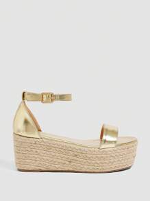 CUCCOO SZL Women's Stylish Gold Metallic Materials Strap Ankle Strap Jute Rope Platform Wedge Heel Sandals, Suitable For Commute, Dating, Party, Holiday - Gold - View 7