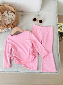 SHEIN Baby Girl Casual Floral Grey Crew Neck Ruched Long Sleeve Fitted Knit Top And Flare Pants Set, Suitable For Home Or Outdoor Wear - Pink - View 6