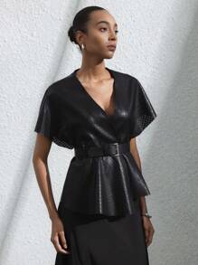 SHEIN Privé Camisa holgada de mujer con mangas con volantes, cintura ceñida y textura de tela de jacquard, con diseño elegante y vintage - Negro - Ver 3