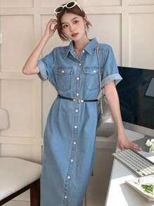 DAZY 女士休闲水洗牛仔连衣裙，夏季太阳裙 - 淺藍色 - 查看 10