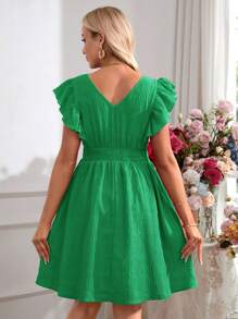 SHEIN Maternity Solid Color Casual Romantic Holiday Ruffle Sleeve V-Neck Blouse - Green - View 2