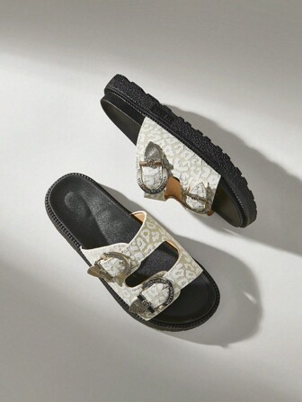 Solecia Sandalias de diapositiva retro con suela gruesa, de tejido versátil y de moda para el verano, de punta abierta para mujeres