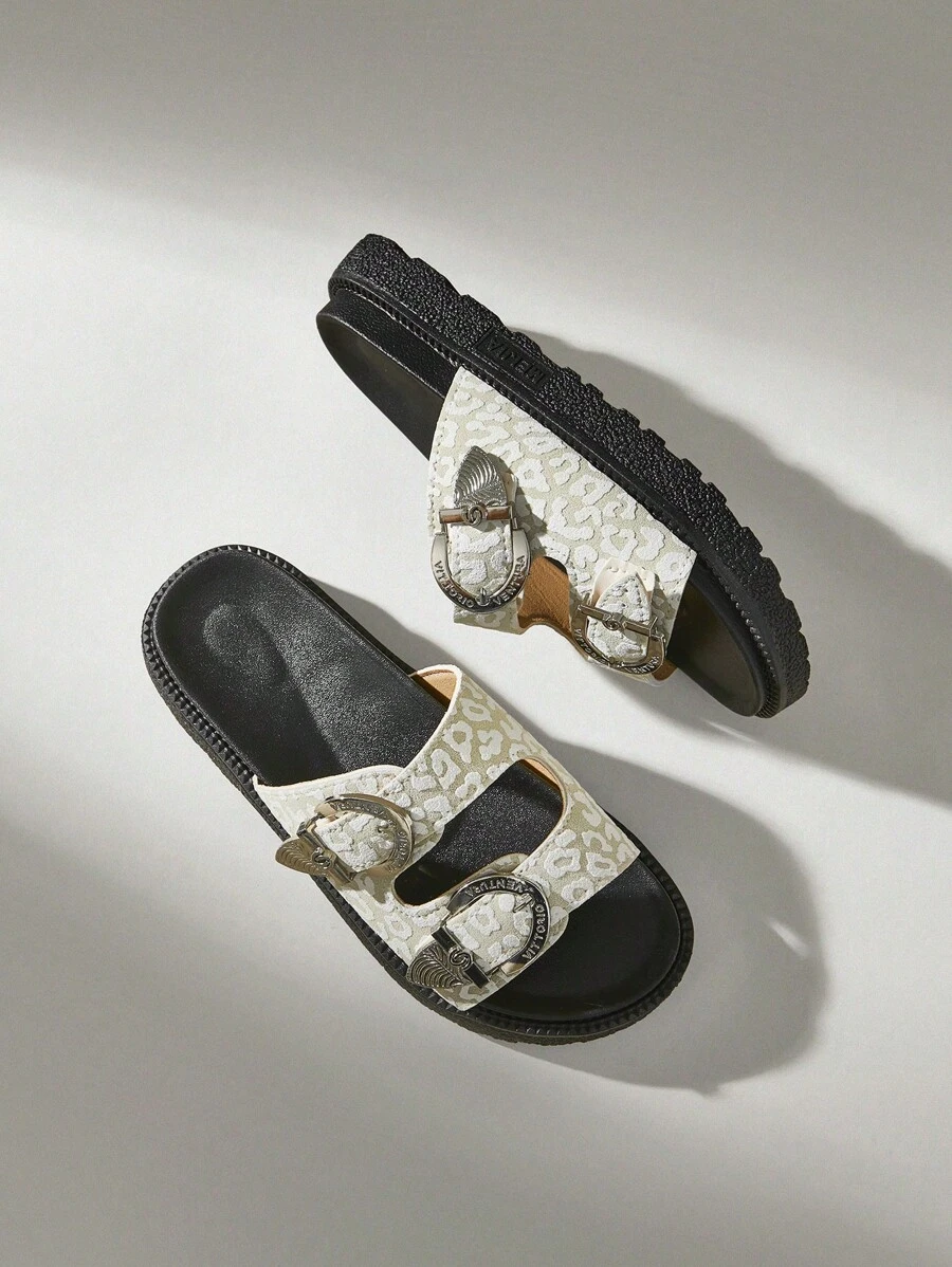 Solecia Sandalias de diapositiva retro con suela gruesa, de tejido versátil y de moda para el verano, de punta abierta para mujeres - Beis - Ver 1