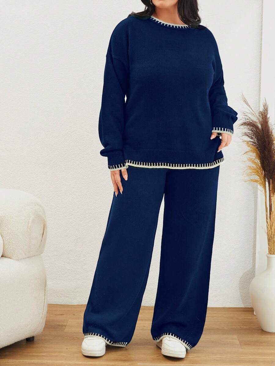 EURMUSE Color Block Edged Long Sleeve Sweater And Knitted Pants Two Piece Set - Navy Blue - View 1