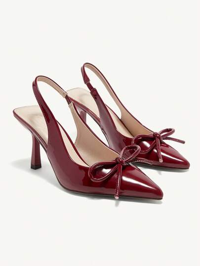 CUCCOO CHICEST Zapatos de tacón alto de piel de patente brillante con decoración de lazo, de color BURDEOS, elegantes para mujeres, nuevos para Año Nuevo, Día de San Valentín y festividades