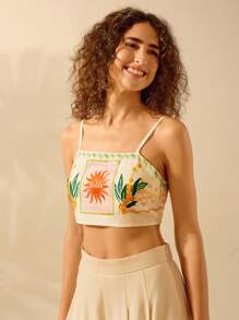 CAJUNI Regata Feminina Boho Estampa Divertida Tropical Colorida com Cadarço, Regata Casual de Praia Verão para Férias - Multicolorido - Visão 6