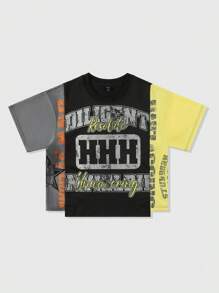 ROMWE MEN Street Life Men's Colorblock Letter Print Short Sleeve T-Shirt, Boxy Fit - Black - View 1