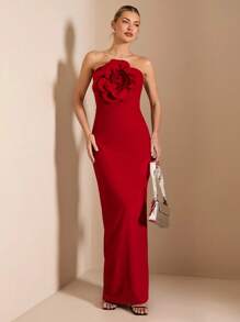 SHEIN BAE Women's Sleeveless Solid Red Maxi Dress, Elegant And Sexy With Romantic 3D Flower Decoration, Suitable For Graduation Ceremony, Cocktail Party, Romantic Date, Winter Layering, Party, Formal Event,Valentine's Day,Valentine Outfits For Women - Red - View 3