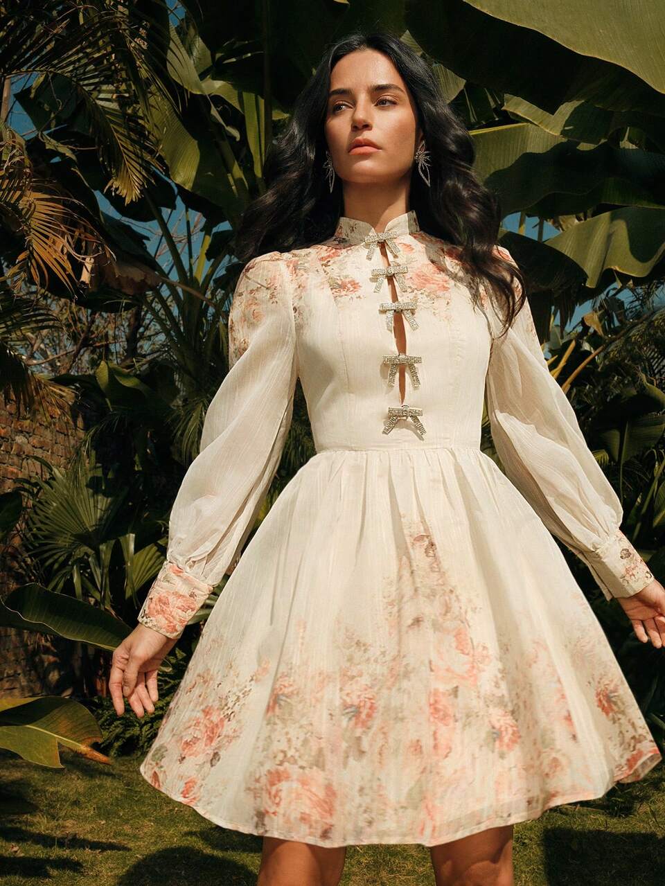 Elegant Romantic Lantern Sleeve Ditsy Floral Dress With 3D Rhinestone Bowknot Decor, Ideal For Dates, Parties, Spring Outfits For Women