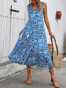 Breezaya V 领全印花宽松无袖连衣裙，带流苏和荷叶边，超长度假海滩装女装 - 藍色 - 查看 3